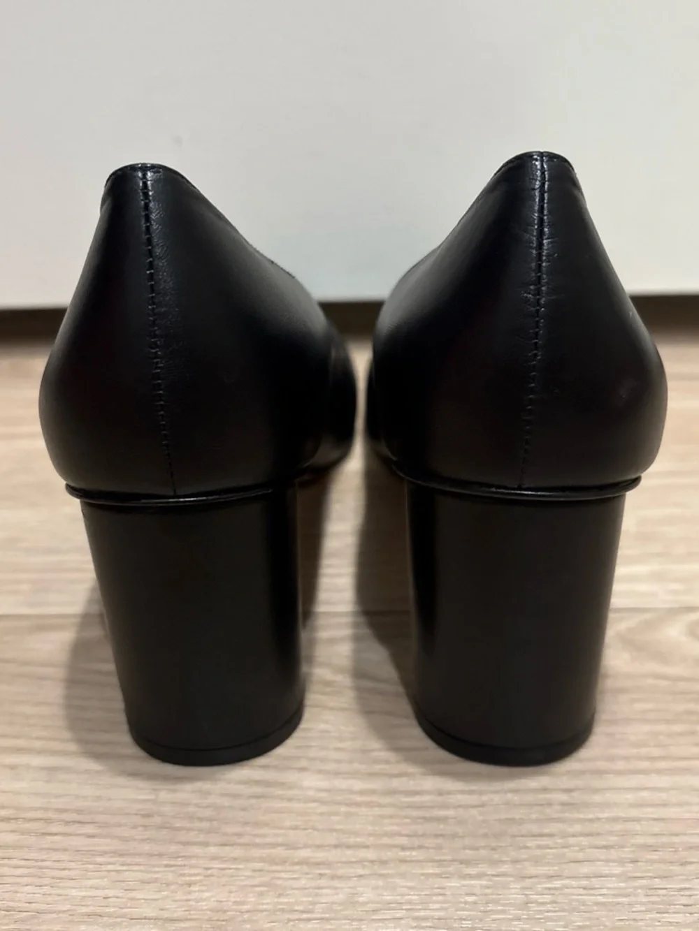Stuart Weitzman Black Leather Round-Toe Block Heel Pumps